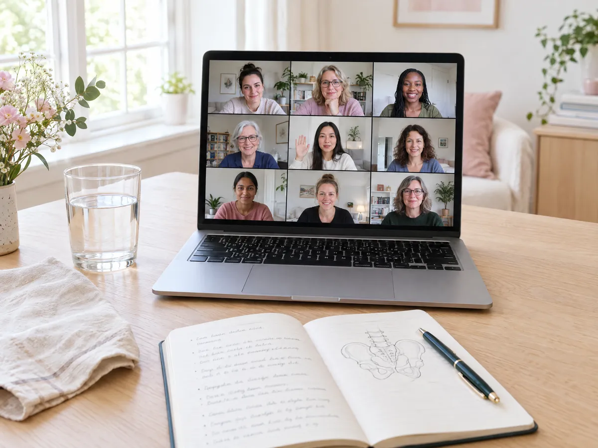 A laptop on a live group video call with birth workers, beside a notebook of handwritten notes